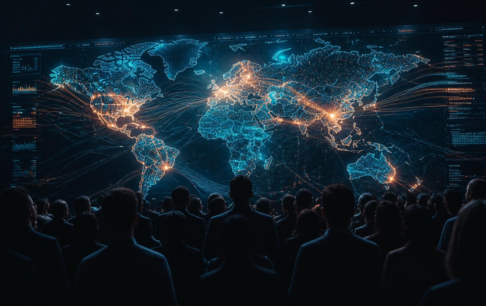 An audience watching a global network visualization of AI influence